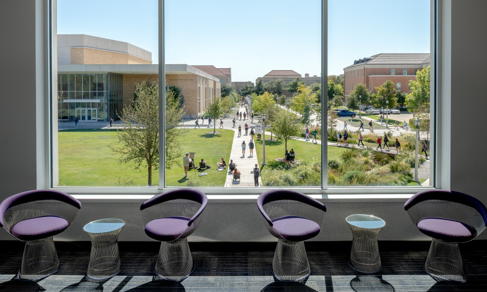 Fine Arts window view of the TCU Music Center