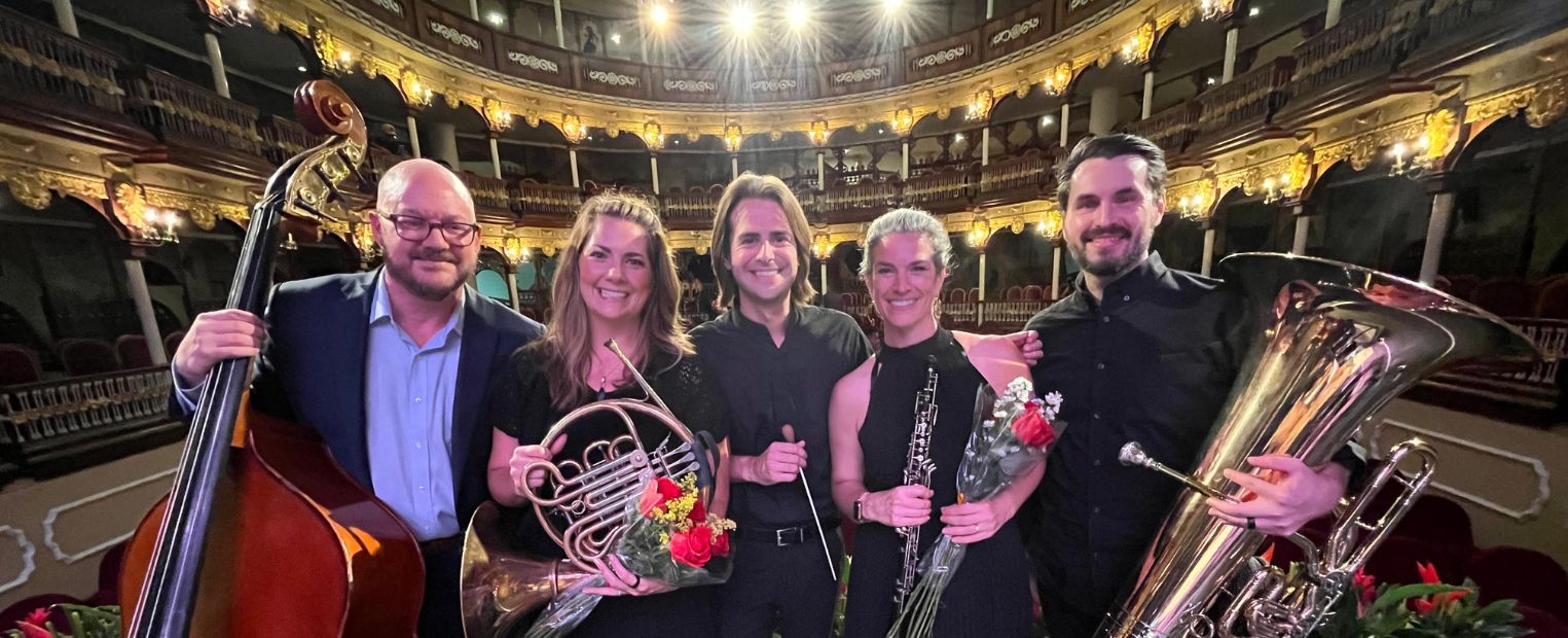 School of Music faculty on stage performing at the international music exchange in Colombia.