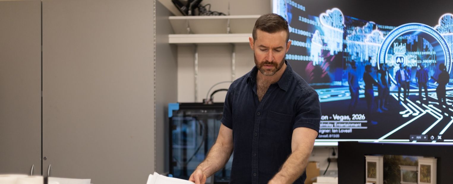 Loveall reviews set design plans. Photo: Regan Simeon