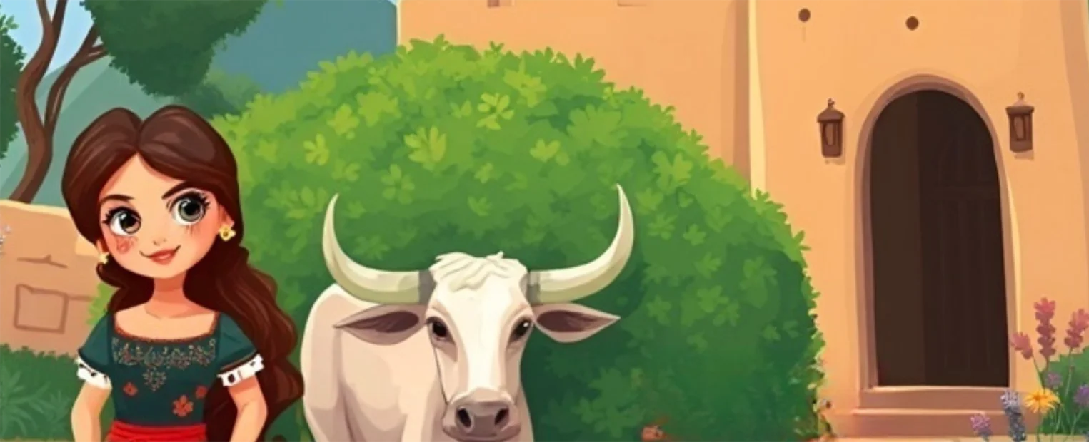 Illustration of a young girl and a cow standing in front of a castle