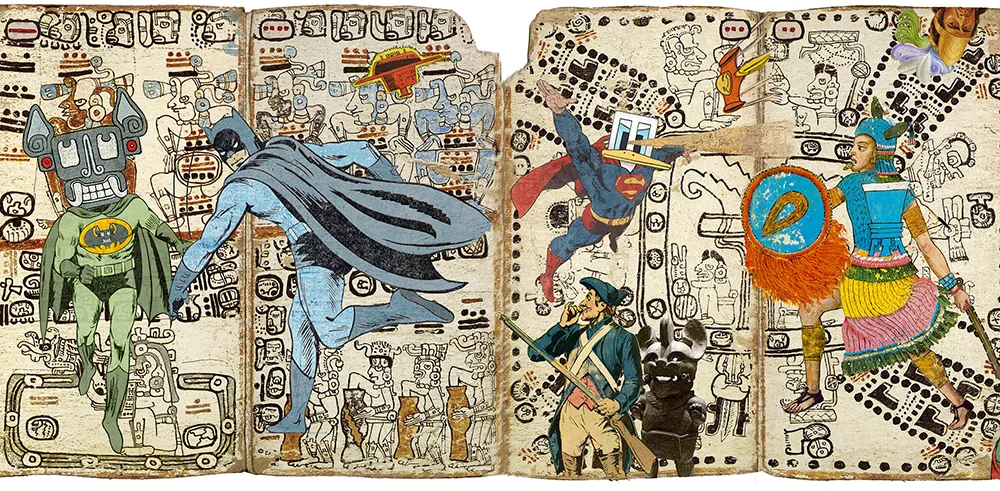 A detailed collage, mixing modern pop art and ancient iconography